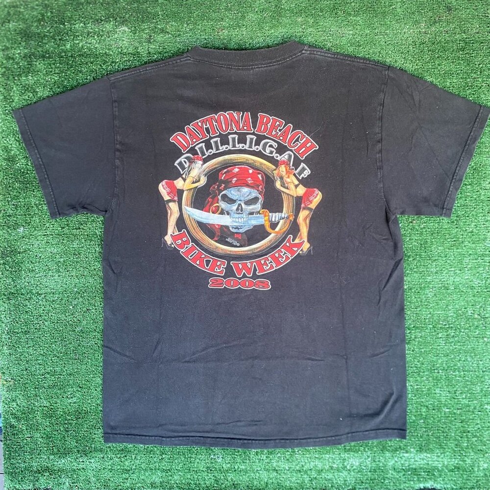 Vintage Y2K Bike Week Shirt Pirate Skull Punk Biker Pin Up Tee